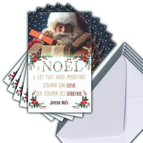 M5-496 Lot 5 Cartes Joyeux Noël Rouge Brillant + 5 Enveloppes Blanches Format 14x9cm - Père Noël Magie Fêtes de Fin d'Année Cadeaux pour petits et grands Enfants Cœur Générosité Poinsettia Rouges