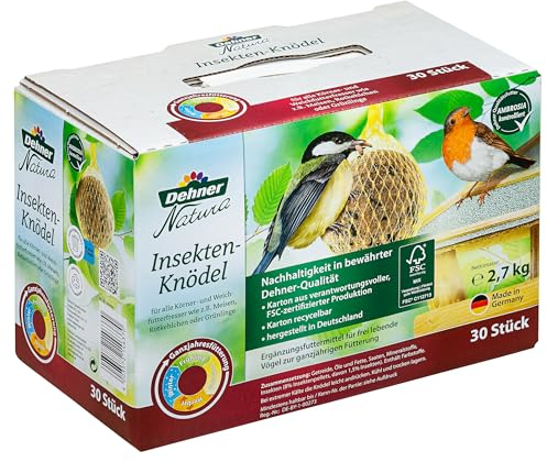 Dehner Natura Premium Mangime per uccelli selvatici, palline per cinciallegre, palline di insetti, con rete, 30 pezzi, 90 grammi ciascuno (2,7 kg)