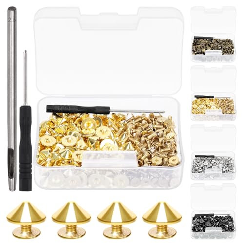 Swpeet Kit di 102 punte e borchie dorate con strumenti di installazione, viti per rivetti rapidi per pelle, borchie e punte, punte a cono, viti per abbigliamento, scarpe, artigianato in pelle