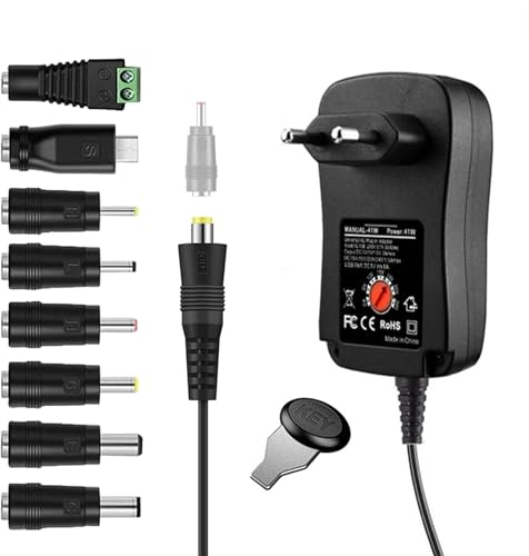 ZJSTRO 41W Adaptador Universal de CA 6V 9V 12V 15V 18V 20V 24V con 8pcs Enchufes Adaptador de Corriente Universal para Tiras de LED, Smartphones, tabletas, Raspberry Pi, etc.