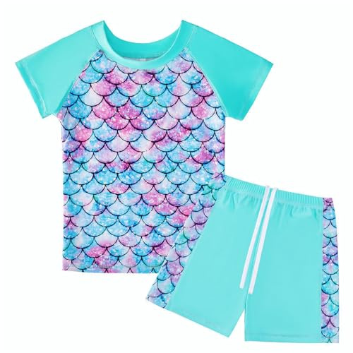 Bañador Niña Dos Pieza Manga Corta Traje De Baño Niñas UPF 50+ Proteccion Solar Natacion Playa Transpirable Secado Rápido Bañador para Niña Niños 6-7 Años