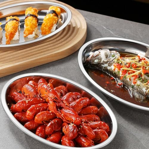 SPORTARC Vassoio da servizio per snack, piatto da cucina ispessito, piatto ovale in acciaio , piatto per pesce fumante, piatto da servizio ovale (34 cm)