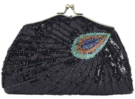 HUFFA Chinesischer Stil Pfau Retro Schwere Handwerker Perlen bestickte Tasche Diagonal Abendessen Cheongsam Perfekt passende Tasche (Color : black)