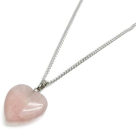 Rose Quartz Heart Pendant Necklace - Spiritual Love Charm on Nickel Free 16 Inch Silver Plated Curb Chain