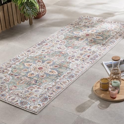 FRAAI | Home & Living Waschbarer LäUfer - Domingo Mandala Olivgrün - Polyester - Flachgewebe - Vintage - Waschbar in Waschmaschine - Modern - Wohnzimmer, Balkon, Garten/Terrasse, Flur - Carpet