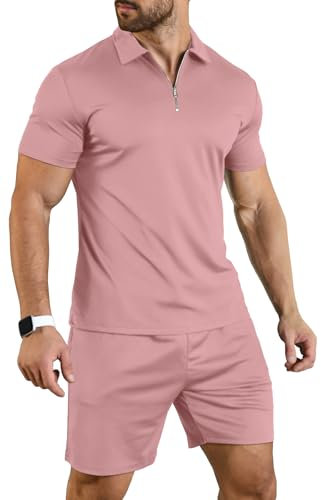 KUYIGO Ensemble polo et short d'été pour homme - 2 pièces - Vêtement tendance et décontracté, rose, S
