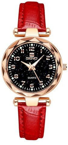 rorios Damen Mode Uhren Frauen Edelstahl Armbanduhren Elegant Leder Armband Uhr Analog Quarz Damenuhr Women Wirst Watch Rot