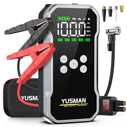 YUSMAN Auto Starthilfe Powerbank mit Kompressor, 5000A 150PSI Car Starthilfe Powerbank für pkw(Bis zu 10L Benzin/7L Diesel), 15800mAh 4-in-1 powerbank starthilfe mit 2 LED-Licht, Schnellladung,LCD