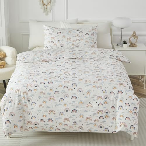 HMtideby Pink Rainbow Toddler Kids Bedding Set for Girls and Boys, Cot Bed Duvet Cover with Pillowcase, 2 pcs, 120 x 150 cm