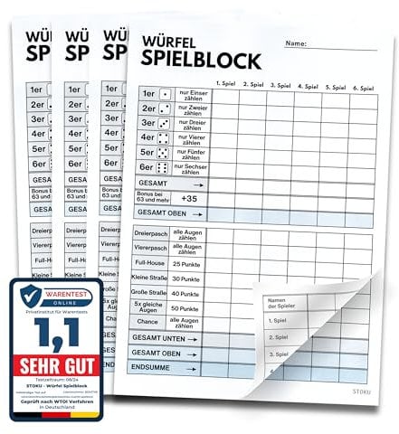STOKU 4 x Würfelspiel Block DIN A5 - beidseitig Bedruckt mit Spielstand - extra große Schrift für Senioren und Kinder - 4-er Set - je 60 Blatt