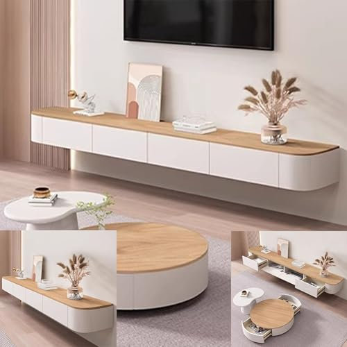 XDXINY Meuble TV flottant de grande taille - Support TV mural - Plusieurs compartiments de rangement - Convient pour le salon, la chambre à coucher (blanc brunâtre, 140 x 20 x 24 cm)