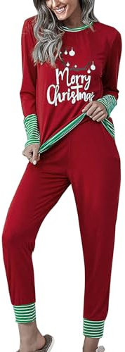 Pigiama Donna Set Pigiami da Notte da Donna, 2 Pezzi, per la casa Natalizia Tutone Pigiama Donna Pile Camicie da Notte Cotone (Red, L)