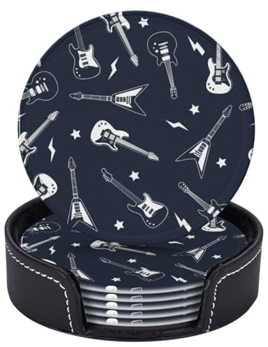 Neukim 6 Pcs Guitar and Stars Leather Coasters for Drinks with Holder Round Mug Mat Table Desk Coasters Set Cup Coasters for Living Room Kitchen Coffee Decor