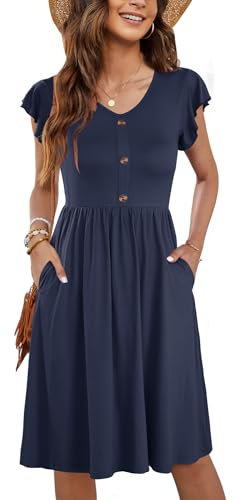 MOLERANI Damen Sommerklieid Rüschen Ärmel Freizeitkleid Elegant V-Ausschnitt Midikleid Casual Strandkleid Damen Knielang mit Taschen Marineblau XL