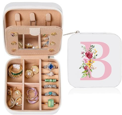 hamatata Scatola Portagioie da Viaggio Portagioie con Iniziale B e Fiore Mini Porta Gioielli Donna Portagioielli Piccoli con Specchio Ragazza Regalo per Compleanno Anniversario Natale, Bianco