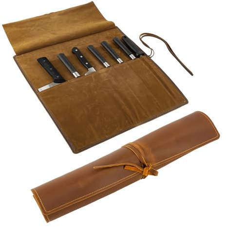 Genuine Leather Knife Roll, Knife Bags for Chefs Professional, Small Chef'S Knife Case Holder, Knives Holders Protectors with 7 Slots, Portable Chef Knife Roll Chef Knife Bag Case Storage Pouch