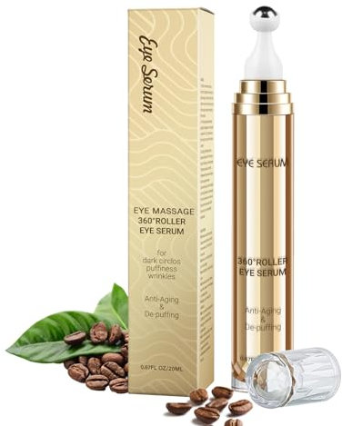 Caffeine Eye Serum, Hyaluronic Acid Under Eye Cream for Dark Circles and Puffiness Anti Aging with 360° Massage Ball Reduce Bags, Wrinkles and Fine Lines 20ML