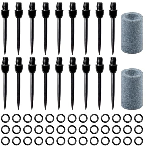 SJUNJIE 18 Stück Steeldart Spitzen mit 50 Gummiringe und 2 Dartspitzer Change Dart Point Dartspitzen Steel mit 2BA Gewinde Dauerhaft Dartpfeile Metallspitze Dart Tip Konverter Tool