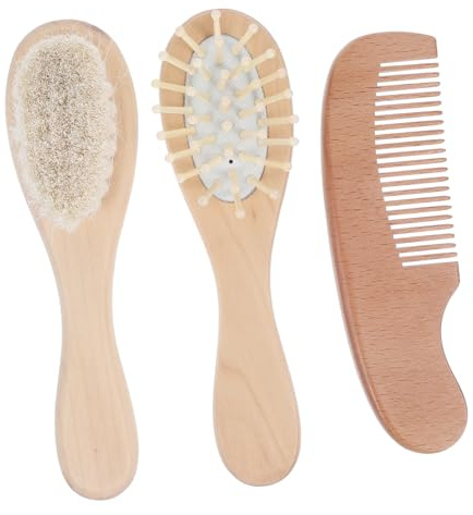 Cepillo de Pelo para Bebés de Madera, Juego 3 Piezas | Lana Suave, Uso en Cabello Húmedo o Seco, No Tóxico, para Recién Nacidos