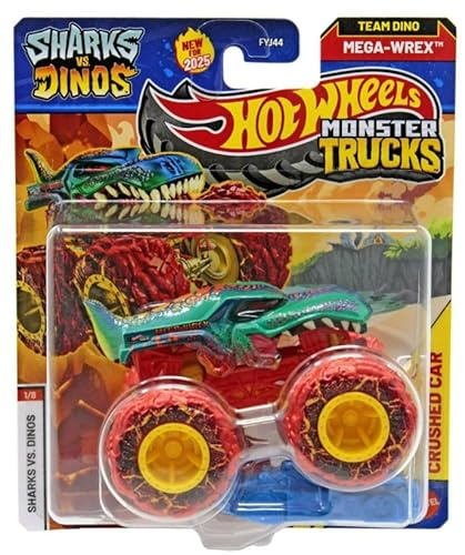 Hot Wheels Monster Trucks Sharks vs Dinos, 1:64 Scale Die-Cast Vehicle Collection, 2025 Edition (1/8 Team Dino Mega-Wrex)