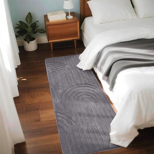 Puremy Teppich Flur Läufer Flauschiger Kurzflor 3D Effekt, 80x150cm, Grau | Teppich für Schlafzimmer Kinderzimmer mit Hoch-Tief-Effekt, hohe Flordichte und angenehm weich, Moderner Bogenförmiges Design