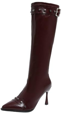 Stivali alti da donna eleganti in pelle con punta aguzza stivaletti con tacco alto stivaletti al ginocchio con fibbia, borchie e cerniera laterale stivaletti da donna facili da indossare, Vino, 38 EU