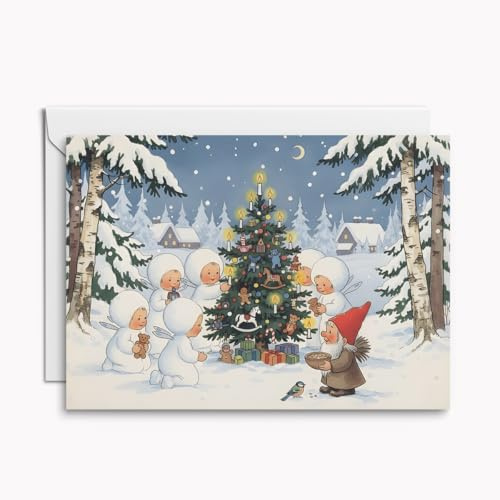 Kartenkaufrausch Klassisches Set mit 4 Weihnachtskarten – Kinder & Wichtel schmücken den Baum, nostalgisches Motiv für Familie & Freunde, inkl. Umschläge