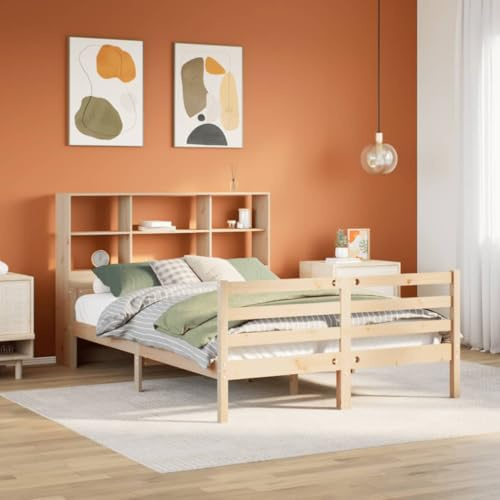 Mandloder Massivholzbett mit Regal, 140x200 cm Kiefernholz unbehandelt, Stabiler Lattenrost, Kopfteil mit Stauraum für Bücher, modernes Schlafzimmer