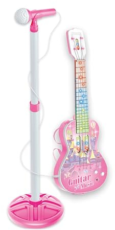 Baroni Toys Microphone pour enfants 3 ans avec lumières – microphone jouet musical avec effets sonores et lumineux pour petits chanteurs (microphone avec guitare rose)