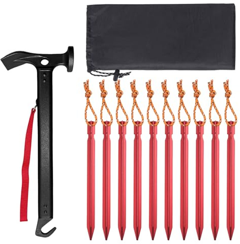 Camping con 10 piquetas: martillo de aluminio resistente, fácil de transportar, martillo multifuncional para tienda de campaña, piquetas de tienda de campaña, bolsa de almacenamiento