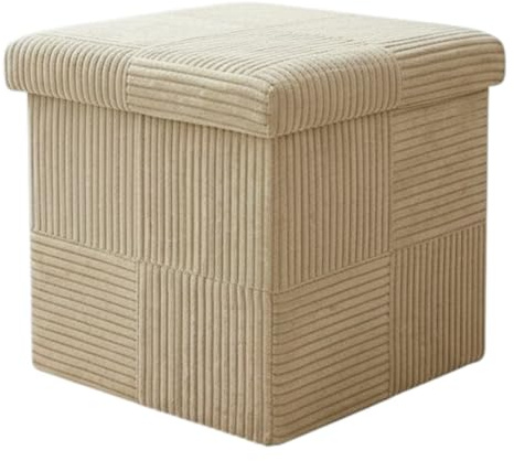 Macosa NO50526 Sitzhocker faltbar mit Deckel 38 cm Creme od. Grau Sitzwürfel Cord Aufbewahrungshocker Hocker Falthocker Aufbewahrung modern Stauraumhocker (Beige)