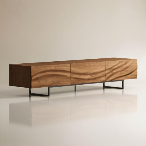 KAANAA TV-Schrank 210 cm, TV Lowboard für TVs ab 75 Zoll, Nussoptik | 210 cm Breite, Für TVs ab 75 Zoll, 3 Schubladen, Offene Fächer, Wellenfront, Nussoptik, Mid-Century Design，TV Schrank holz