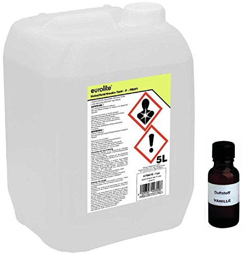 5 L Eurolite P (Profi) Nebelfluid + 30 ml Duftstoff nach Wahl, Smoke-Fluid, Nebel-Fluid-Flüssigkeit für Nebelmaschine (5 L Fluid -P- + Duft Vanille)