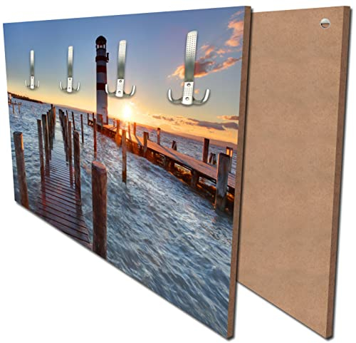 wandmotiv24 Garderobe Leuchtturm mit Pier Querformat - 69x40 (BxH) - Dekorfolie Wandgarderobe, inklusive Garderoben-Haken, Kleiderhaken, Set M0238