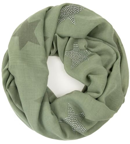 Glamexx24 Loop schal leichter Langschal Sterne Muster Schlauchschal Strass Tuch Viele Farben SC20170401, Milygruen, Einheitsgröße