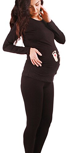 M.M.C. Empreinte de Pied bébé avec cœur- vêtement de maternité Mignon et Rigolo | T-Shirt de maternité avec Motif pour la Grossesse | T-Shirt de Grossesse - à Manches Longues