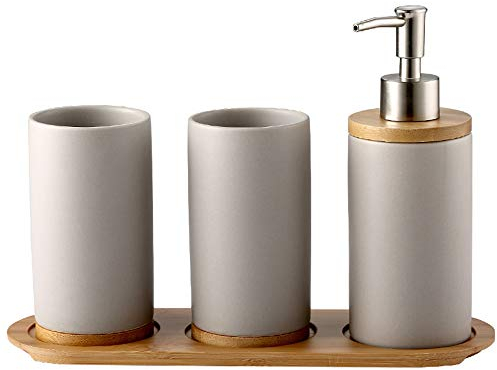 OnePine Badezimmer Accessoires Set Keramik, 4-teilig, Zahnbürstenhalter, Seifenspender, Bambus Fach, Zahnputzbecher