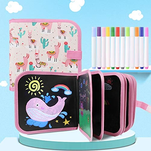 Smyidel Bloc de dessin effaçable,Enfant Doodle Planches,Réutilisable Double Face Livre Dessin Enfant avec 12 Stylos Effaçables Colorés 14 Pages