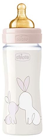 Chicco Original Touch Anticolic Babyflasche mit Sauger aus 100% natürlichem Kautschuk, Flasche mit langsamem Durchfluss 0 Monate+, Flasche mit Glasflasche 240 ml, Rosa