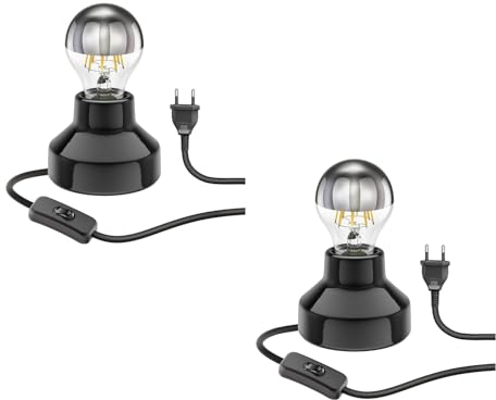 ledscom.de 2 Stück E27 Porzellan Tischlampe TIX, rund mit Stecker und Schalter, schwarz, 90mm inkl. E27 Lampe 667lm warmweiß