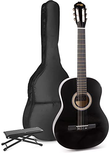 MAX SoloArt akustische Gitarre mit Tasche und Fußstütze, Stimmgerät, Plektrum, Gurt und Zubehör - Spanische Akustik-Gitarre für Anfänger, Konzertgitarre in Schwarz
