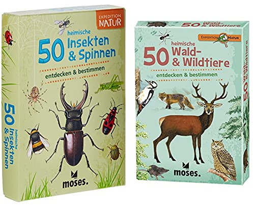 Moses 9723 Expedition Natur - 50 heimische Insekten und Spinnen| Bestimmungskarten im Set & 9739 Expedition Natur - 50 heimische Wald und Wildtiere | Bestimmungskarten im Set