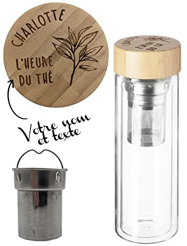 KDO MAGIC - Gourde personnalisée - Théière double paroi personnalisable - Prénom gravé - Gourde avec Filtre Infuseur personnalisée sur bouchon bambou - Cadeau fête des mères, noël, anniversaire