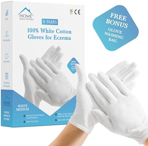 Premium Cotton Gloves for Eczema | 8 Pairs with Free Wash Bag | Men & Women Hand Moisturiser/Moisturising White Gloves for Dry Hands Overnight. (Medium Size)