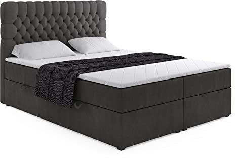 ALTDECOR Boxspringbett mit H3-Matratze (20 cm hoch) mit Bonellfederung + PUR, Topper (5 cm hoch), Polsterbett mit Kopfteil und Bettkasten - 180x200 Schwarz Monolith 95