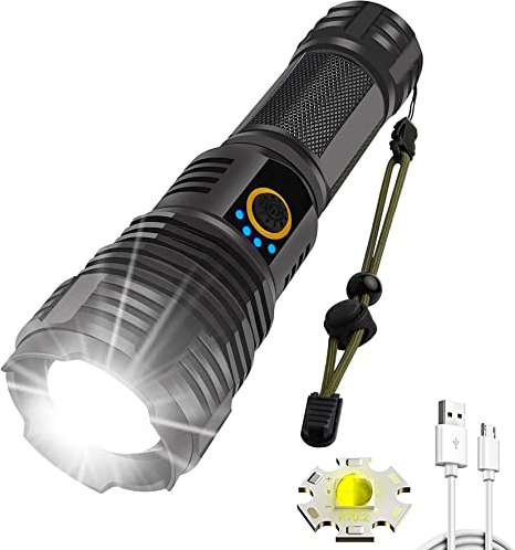 Linternas LED recargables, linterna de 90000 lúmenes altos, linterna táctica XHP70 con zoomable, 5 modos, grado militar, impermeable, súper brillante, linternas para emergencias, camping, senderismo