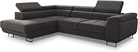 Ecksofa Caris mit Schlaffunktion und einstellbare Kopfstützen, Wohnlandschaft mit Bettkasten, Couch, Sofa, Bettsofa (Grau (Kronos 22), Ecksofa Links)