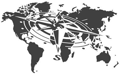 Generisch Autocollant boussole Carte du monde avec boussole Rose des vents (321/1/6) (60 x 37 cm, noir brillant)