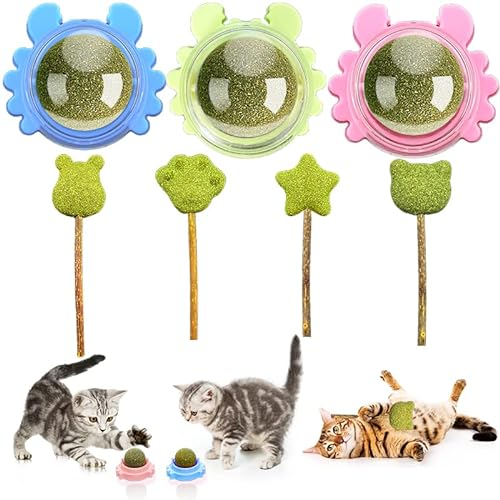 Xionghonglong Katzenminze Ball,7 Stück Natürliche Spielzeug für Katzen Lecken,mit Katzenminze Sticks für Katzen,Drehbare Zahnreinigung Dental,für Kätzchen,Natürliches drehbares Katzenspielzeug