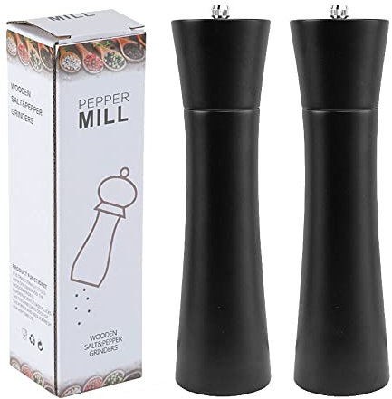 Adjustable Coarseness Salt and Pepper Grinder Set,Rubber Wood Pepper Mill with Matt Black,Pepper Shakers with Ceramic Core Rotor,8 inch Black (TYPE B-2PCS)